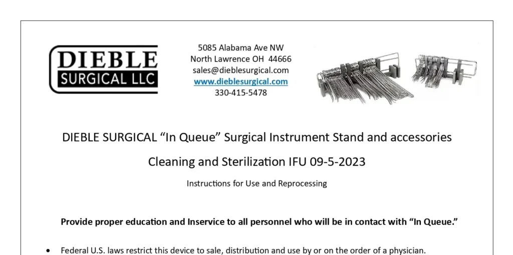 Cleaning and Sterilization instructions In Queue Dieble Surgical LLC top